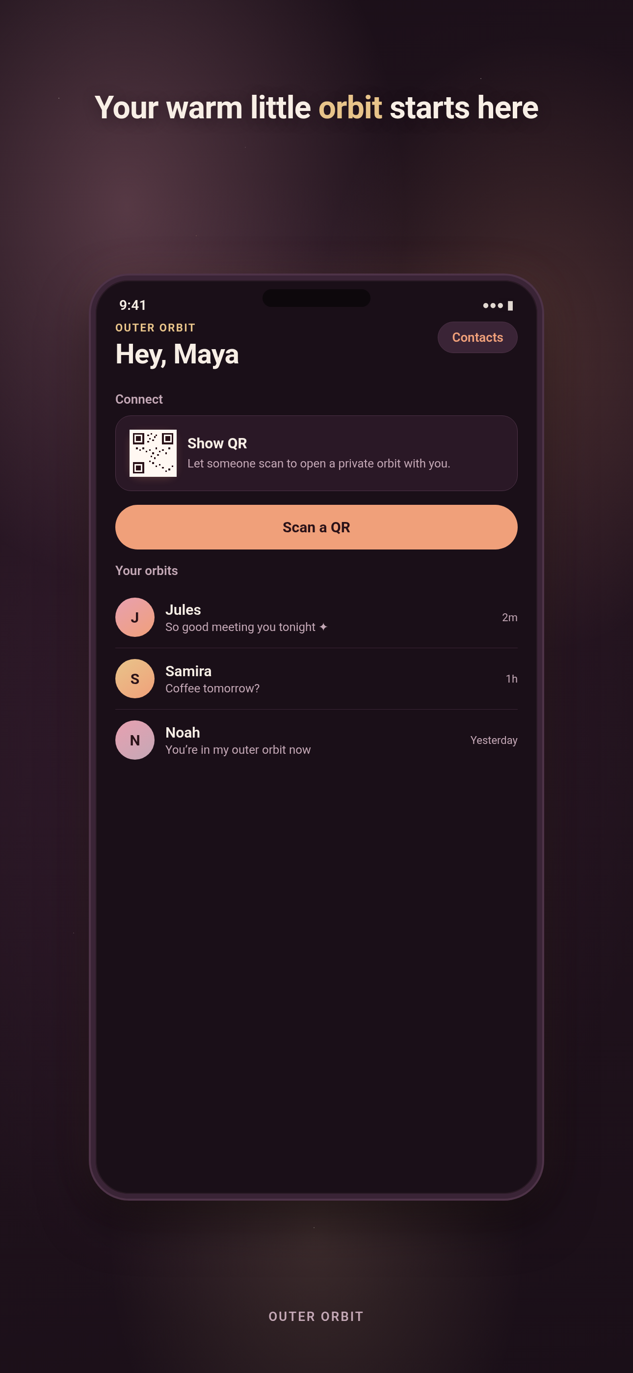 Outer Orbit home screen showing your orbit and recent chats